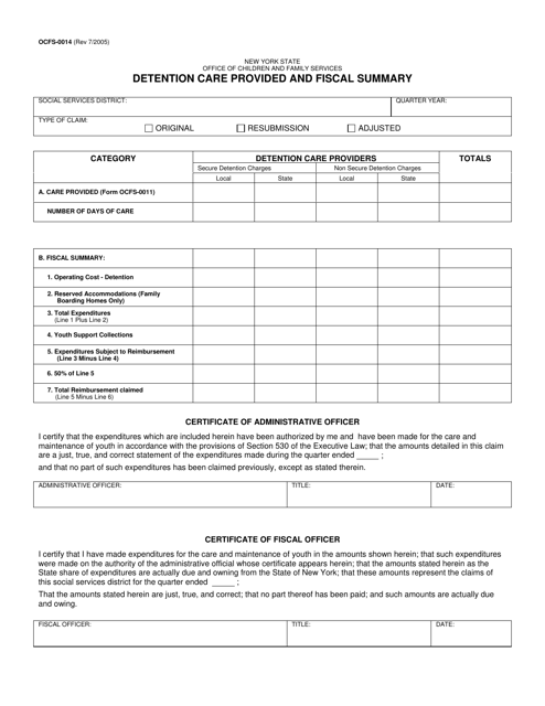 Form OCFS-0014 Detention Care Provided and Fiscal Summary - New York