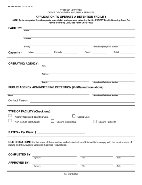 Form OCFS-0291 Application to Operate a Detention Facility - New York