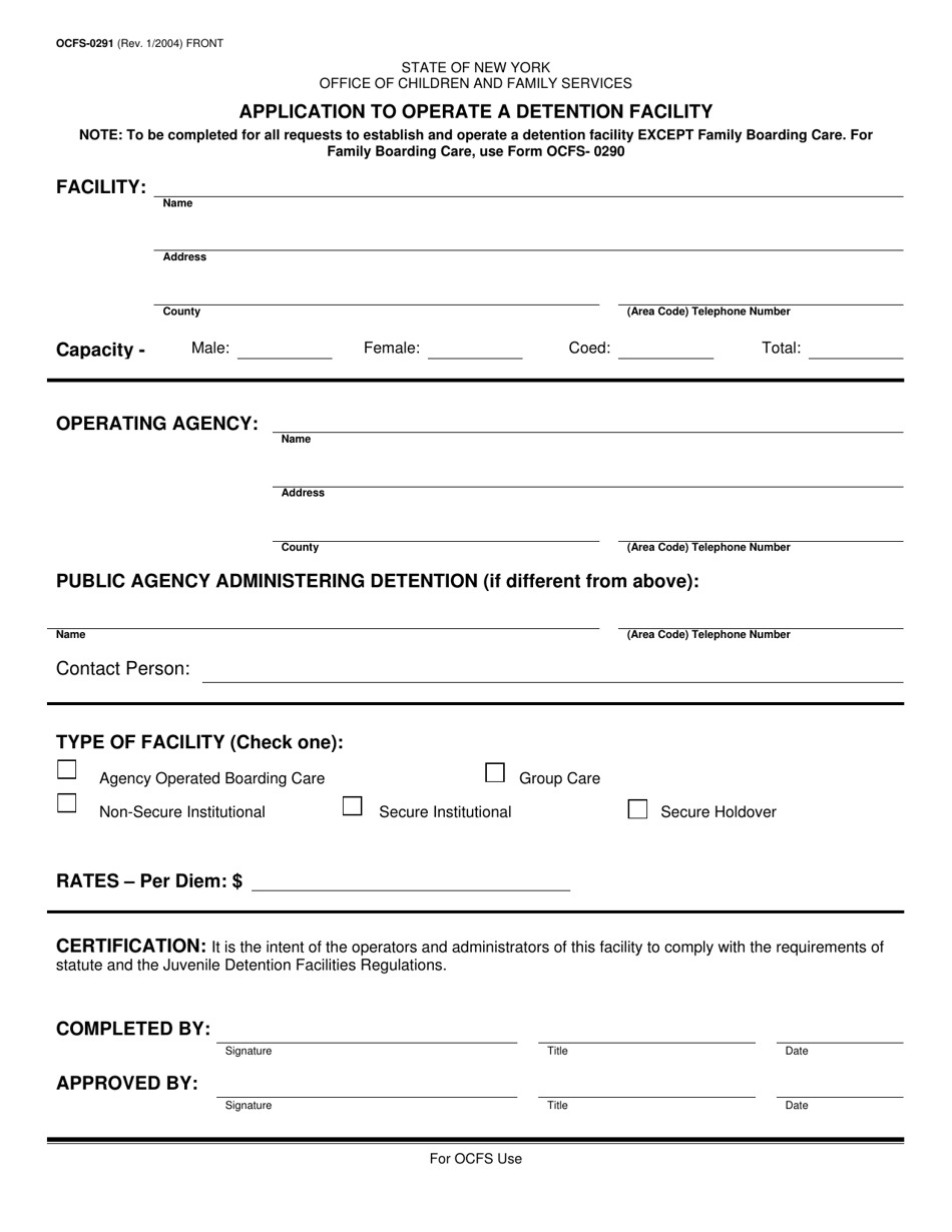 Form OCFS-0291 Application to Operate a Detention Facility - New York, Page 1
