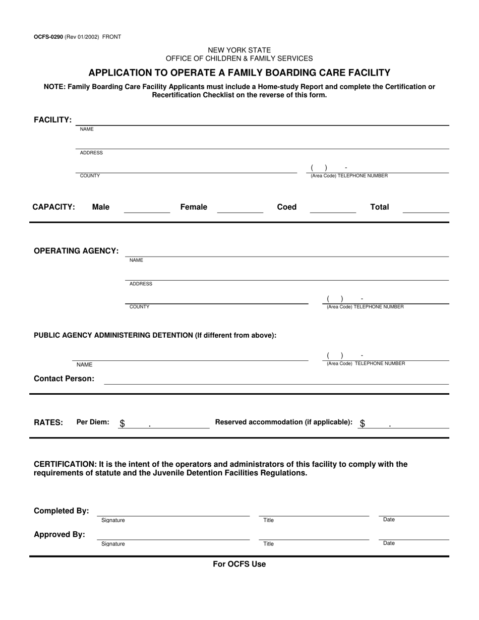 Form OCFS-0290 Application to Operate a Family Boarding Care Facility - New York, Page 1