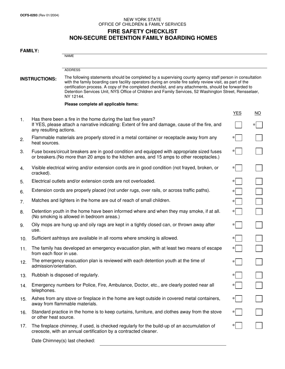 Form OCFS-0293 Fire Safety Checklist Non-secure Detention Family Boarding Homes - New York, Page 1