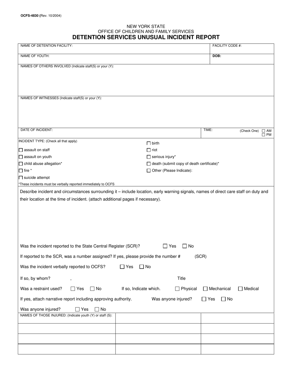 Form OCFS-4830 Detention Services Unusual Incident Report - New York, Page 1