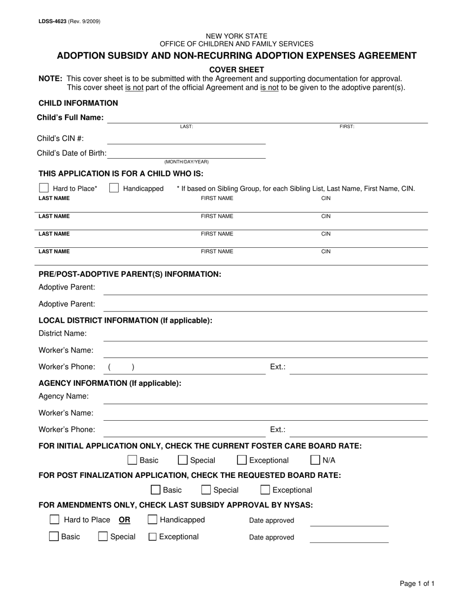 Form LDSS-4623 Adoption Subsidy and Non-recurring Adoption Expenses Agreement - New York, Page 1