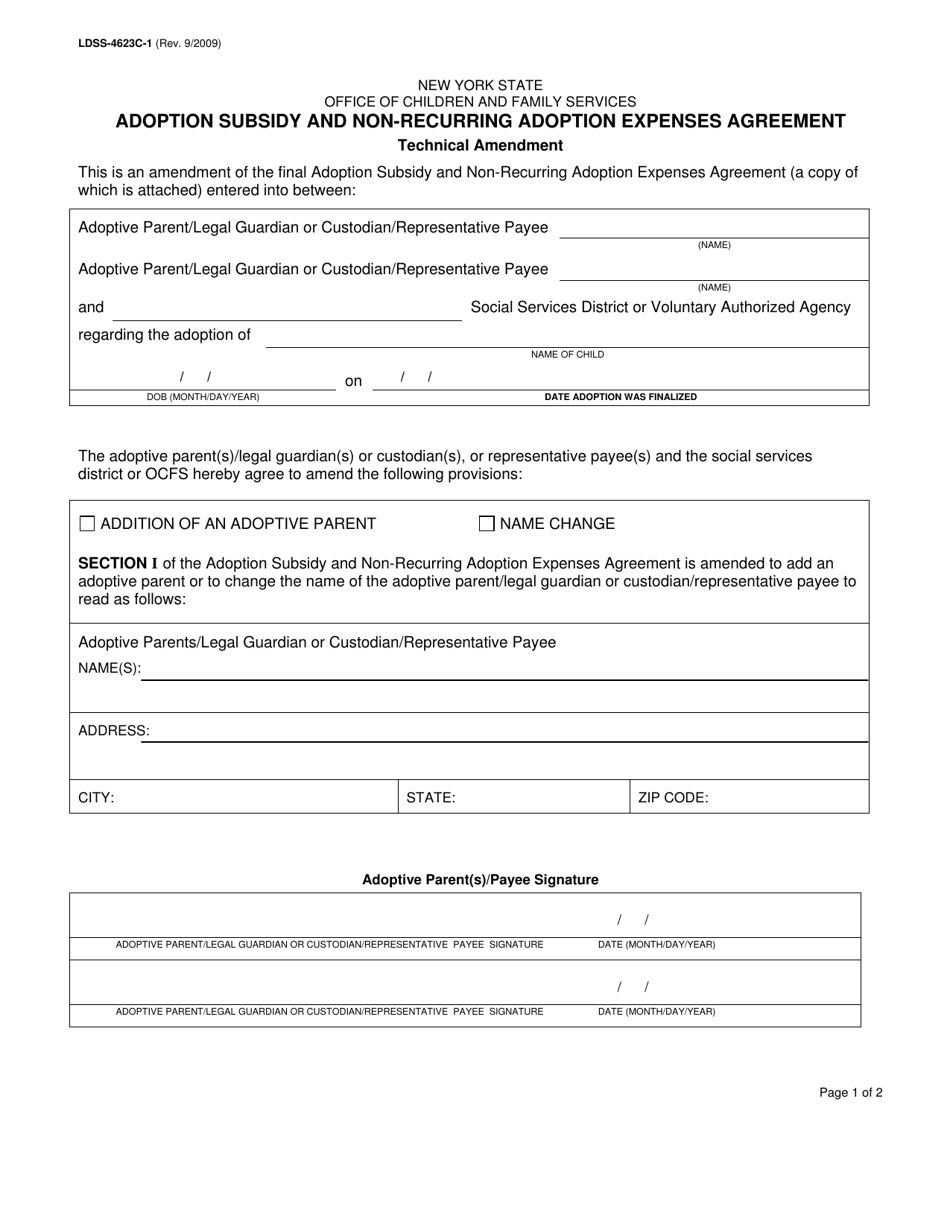 Form LDSS-4623C-1 Adoption Subsidy and Non-recurring Adoption Expenses Agreement - Technical Amendment - New York, Page 1