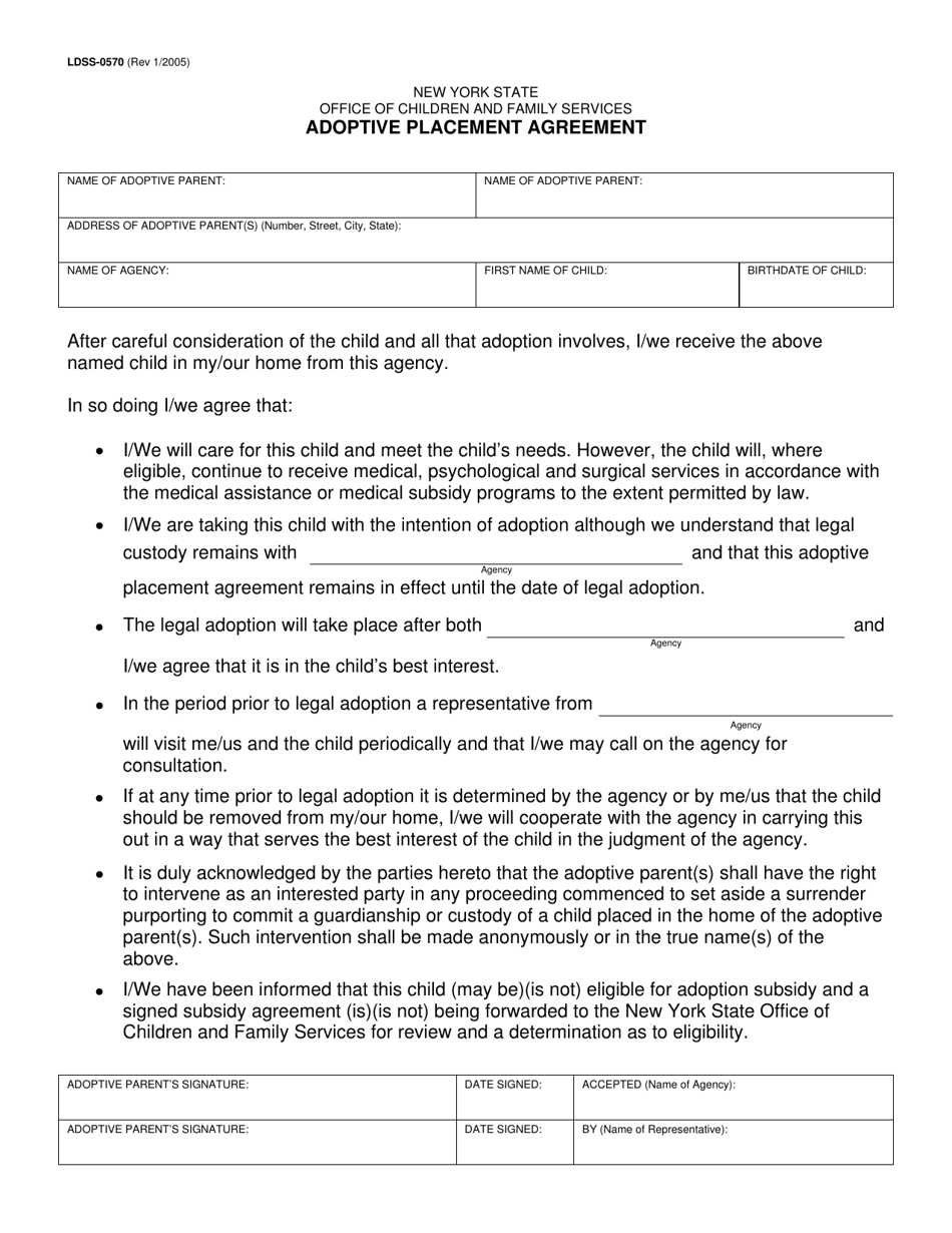 Form LDSS-0570 Adoptive Placement Agreement - New York, Page 1
