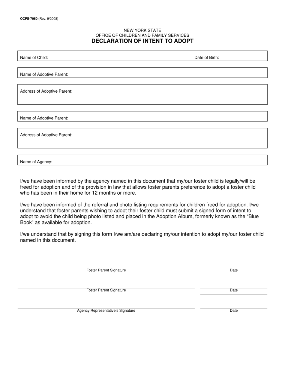 Form OCFS-7060 Declaration of Intent to Adopt - New York, Page 1