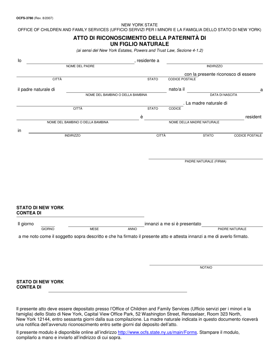 Form OCFS-3780 Instrument to Acknowledge Paternity of an out of Wedlock Child - New York (Italian), Page 1