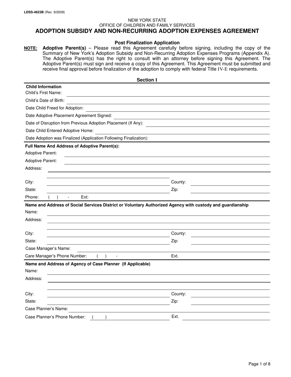 Form LDSS-4623B Adoption Subsidy and Non-recurring Adoption Expenses Agreement - New York, Page 1