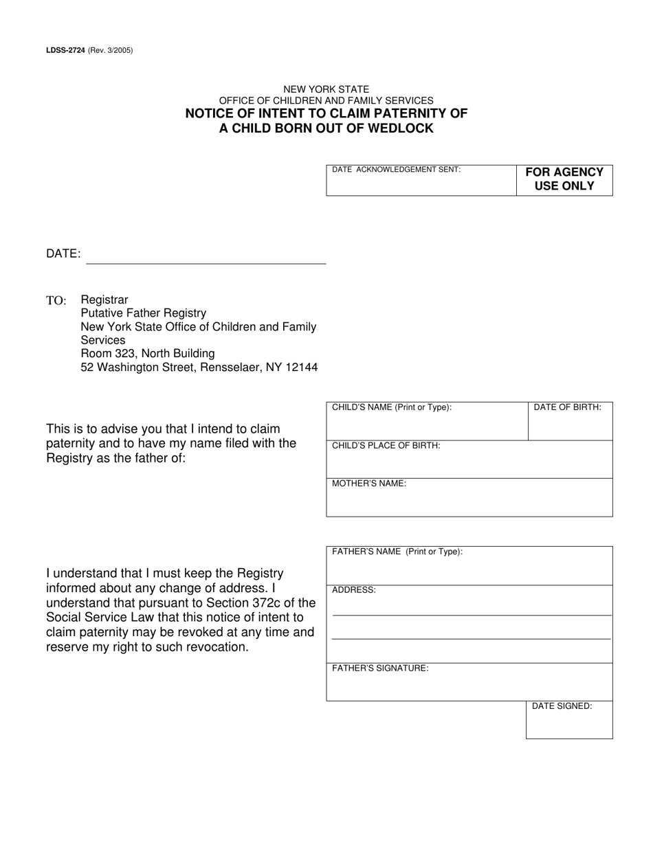 Form LDSS-2724 Notice of Intent to Claim Paternity of a Child Born out of Wedlock - New York, Page 1