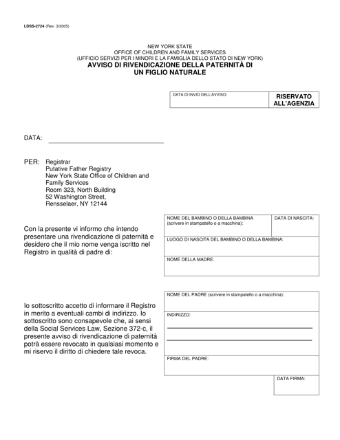 Form LDSS-2724 Notice of Intent to Claim Paternity of a Child Born out of Wedlock - New York (Italian)