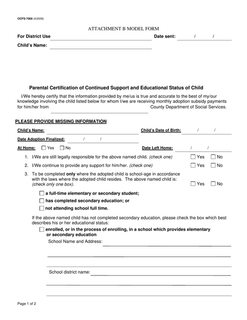 Form OCFS-7069 Attachment B Parental Certification of Continued Support and Educational Status of Child - New York