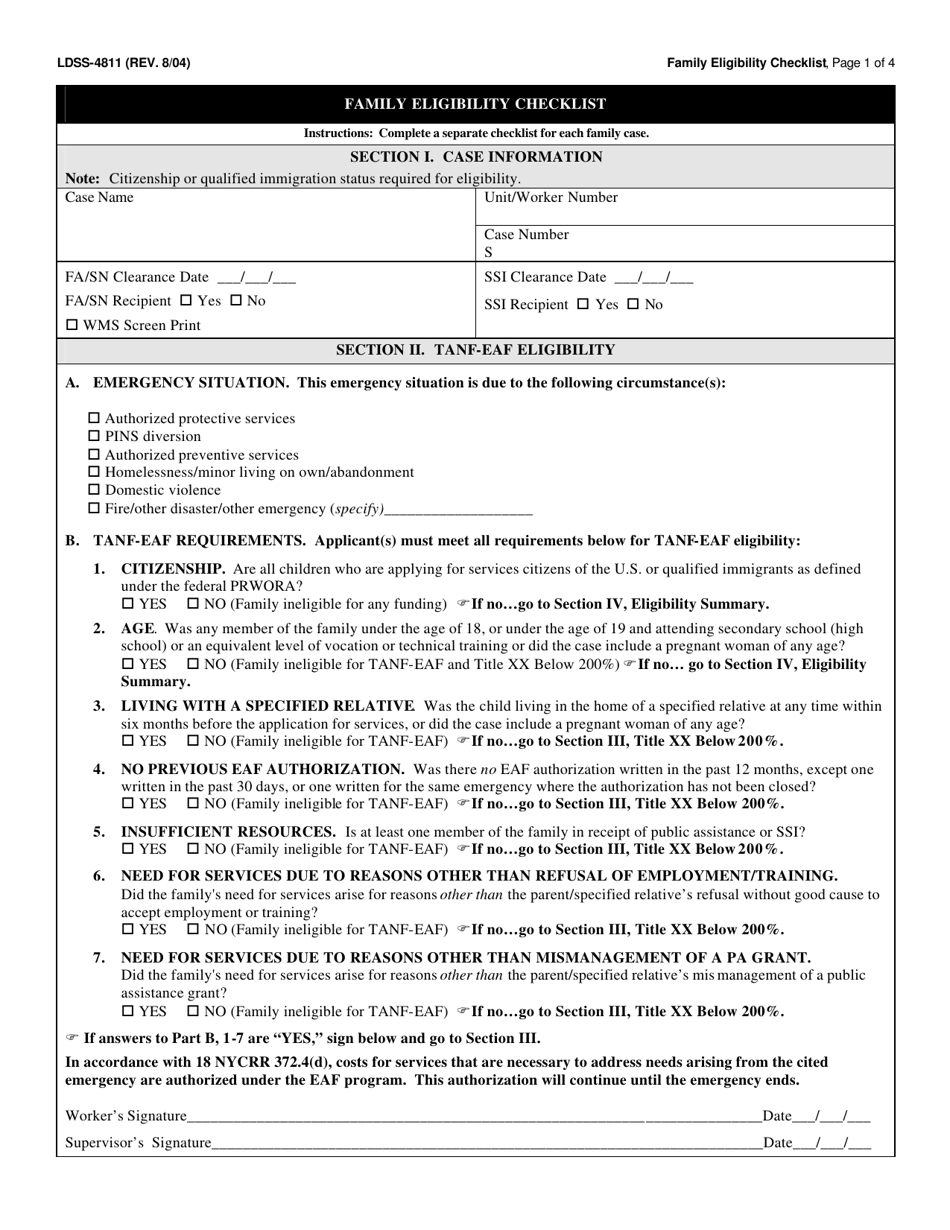 Form LDSS-4811 Family Eligibility Checklist - New York, Page 1