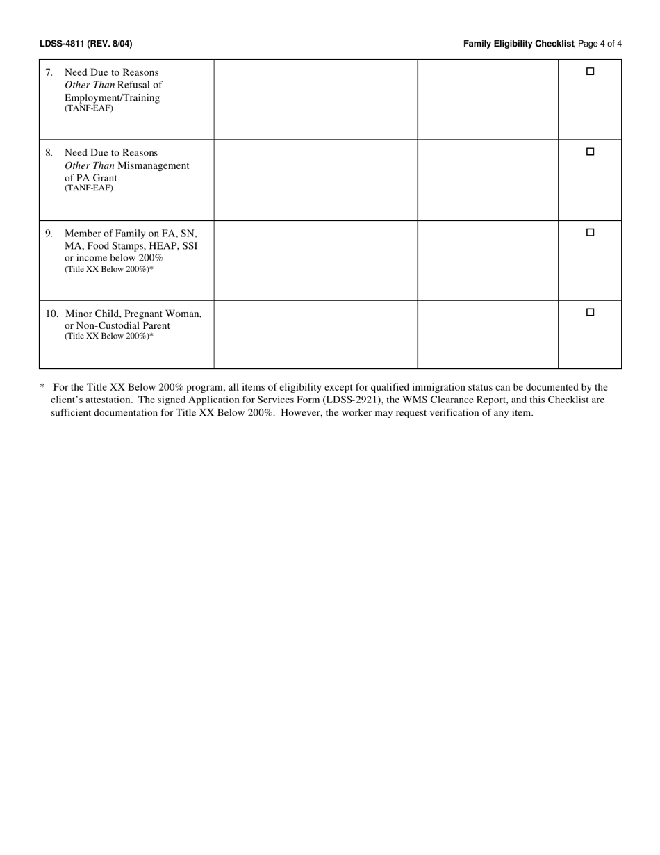 Form LDSS-4811 Family Eligibility Checklist - New York, Page 4