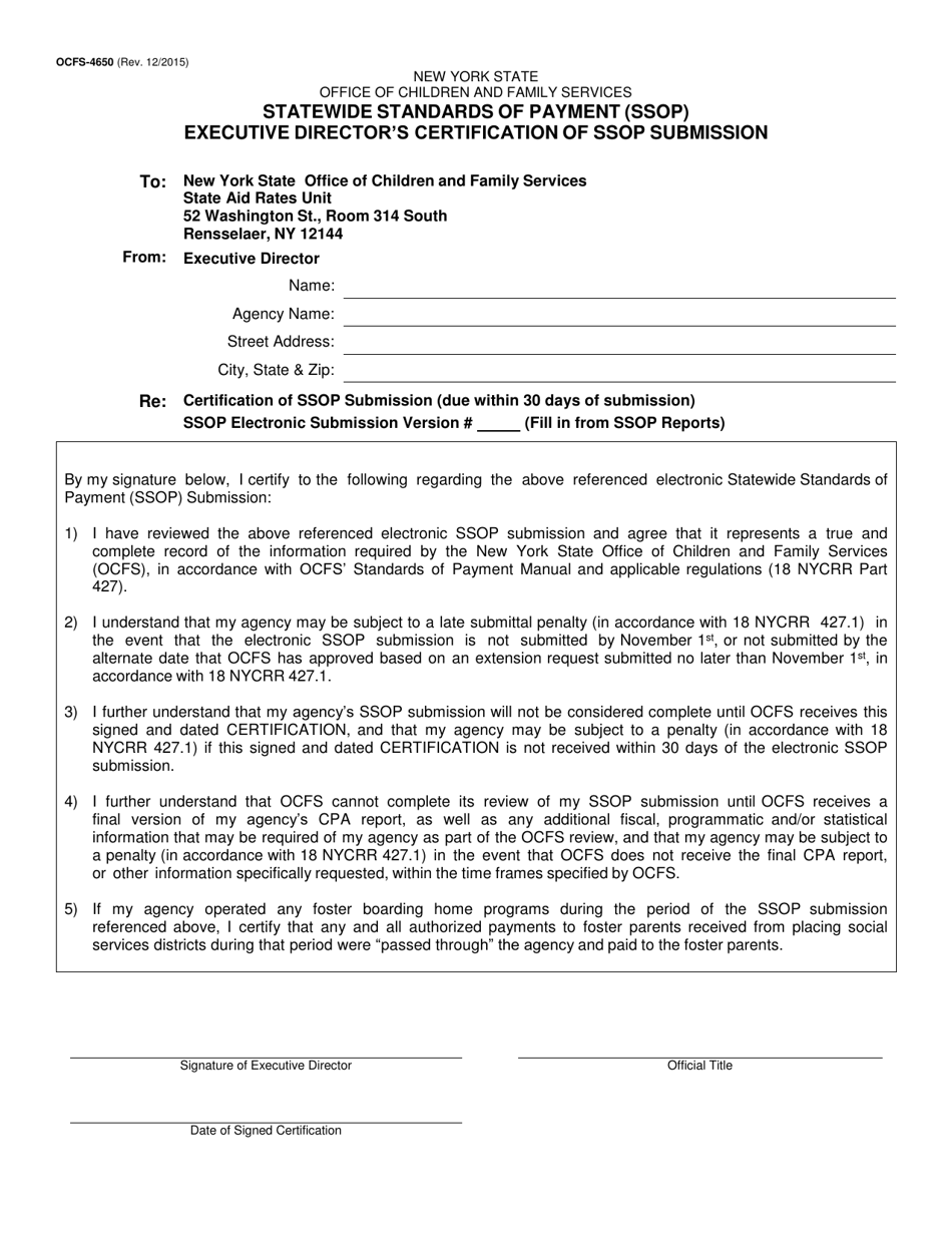Form OCFS-4650 Statewide Standards of Payment (Ssop) Executive Directors Certification of Ssop Submission - New York, Page 1