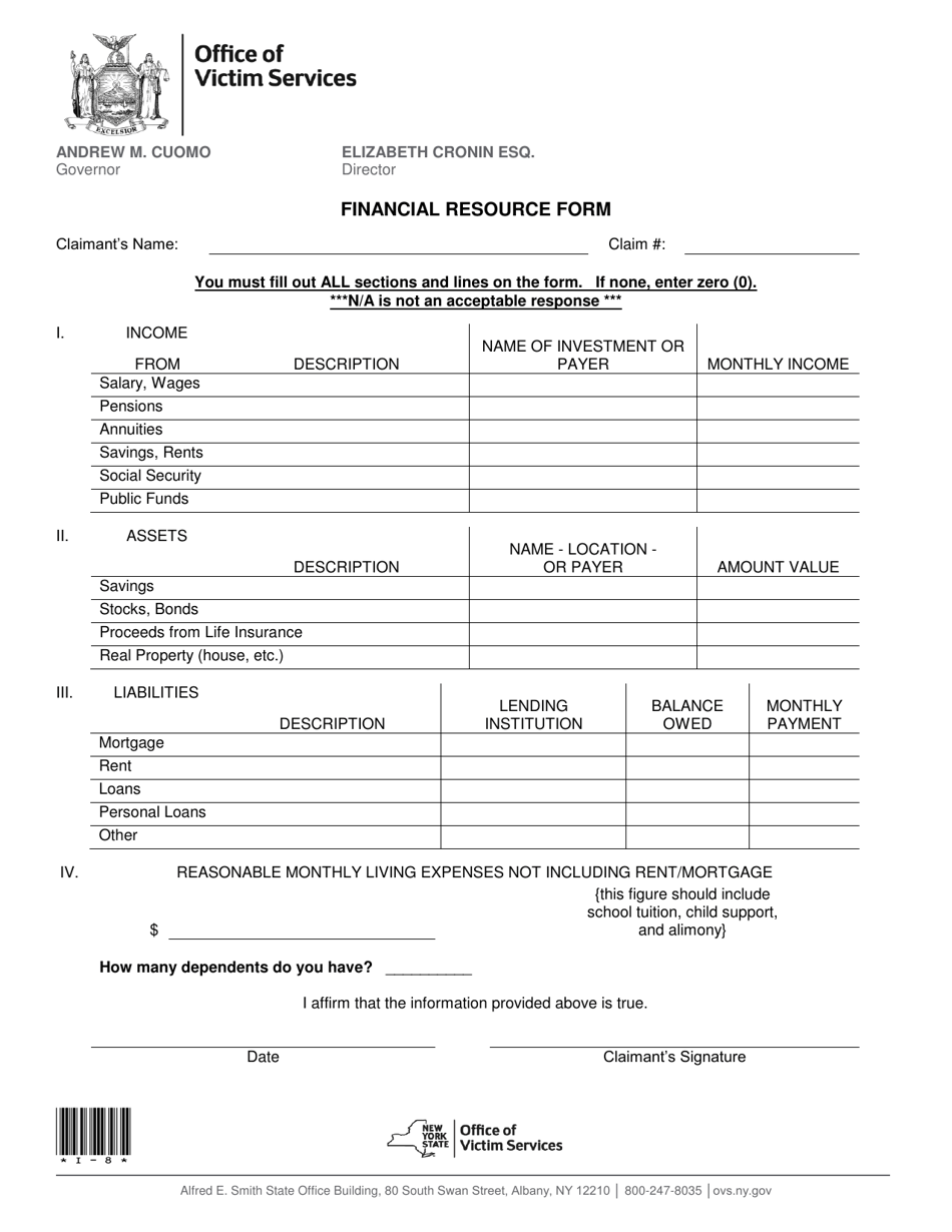 Form I-8 Financial Resource Form - New York, Page 1
