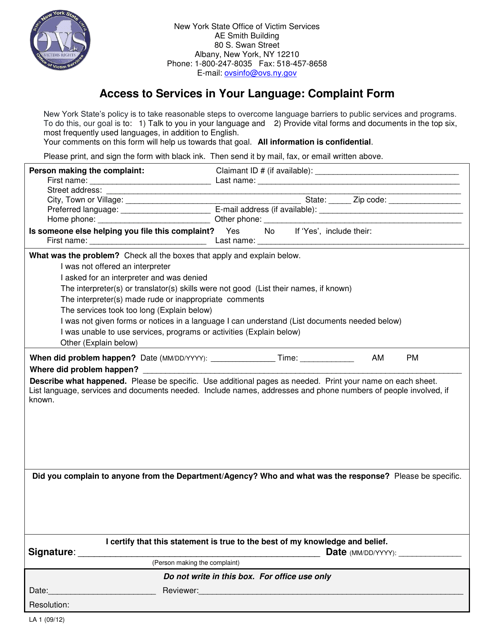 Form LA1 Access to Services in Your Language: Complaint Form - New York