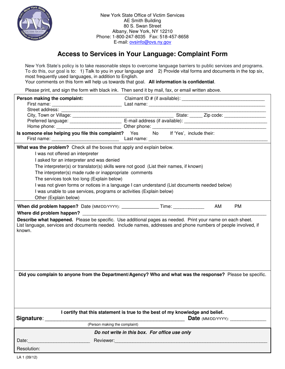 Form LA1 - Fill Out, Sign Online and Download Printable PDF, New York ...