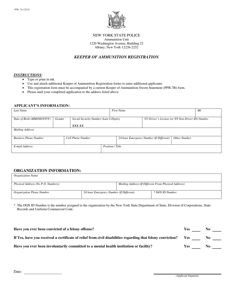 Form PPB-7A Keeper of Ammunition Registration - New York, Page 1