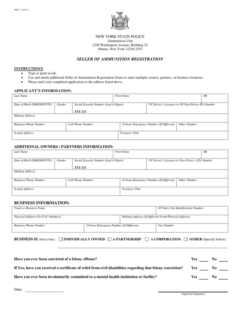 Form PPB-7 Seller of Ammunition Registration - New York