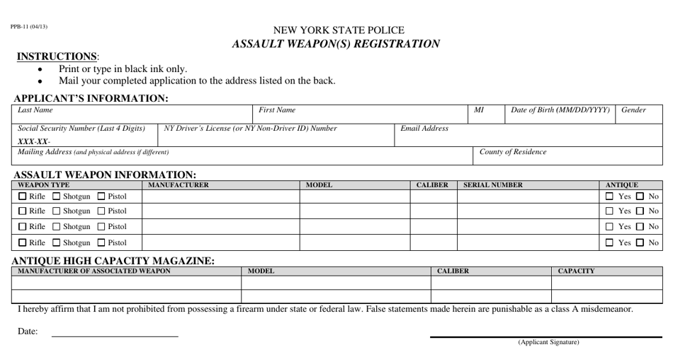 Form PPB-11 Assault Weapon(S) Registration - New York, Page 1