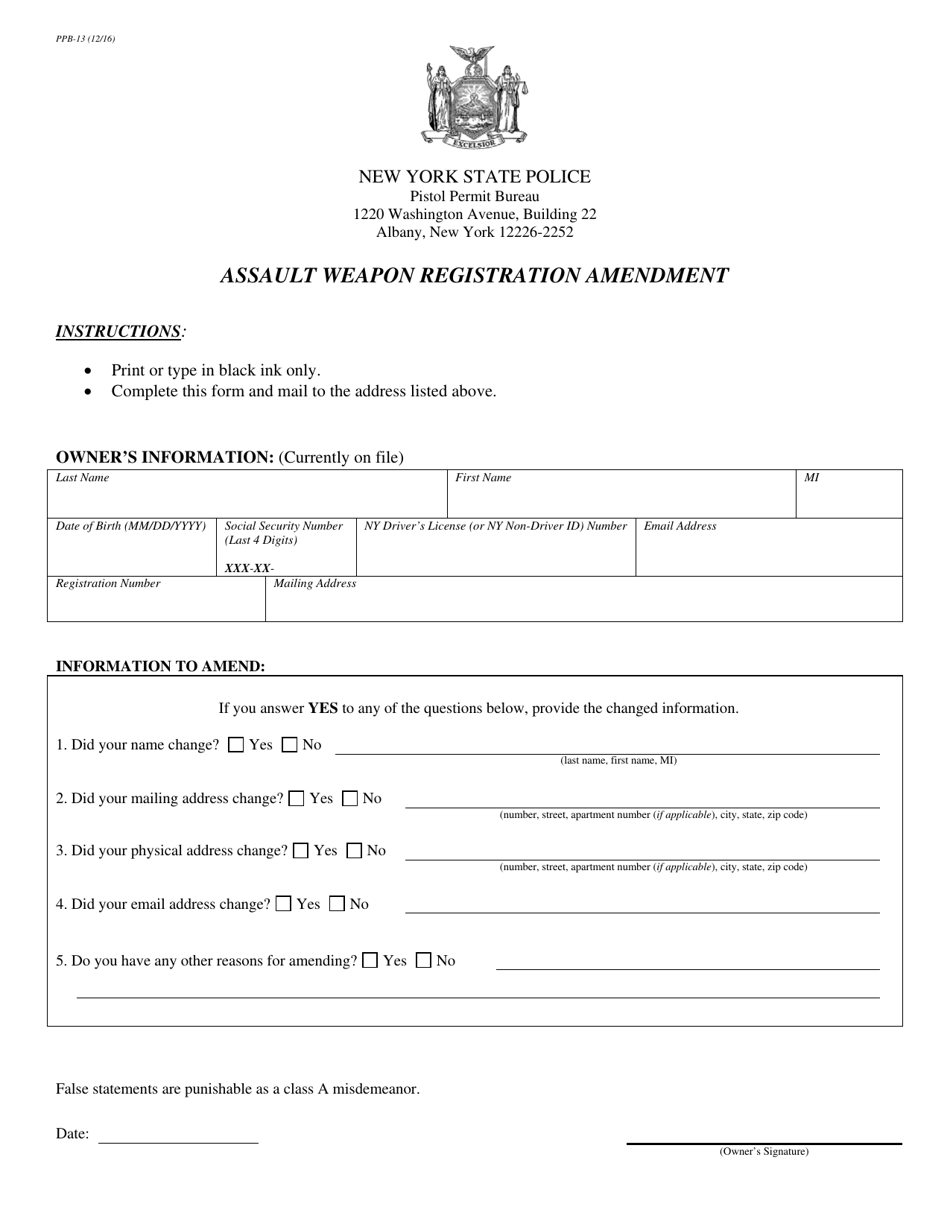 Form PPB-13 Assault Weapon Registration Amendment - New York, Page 1