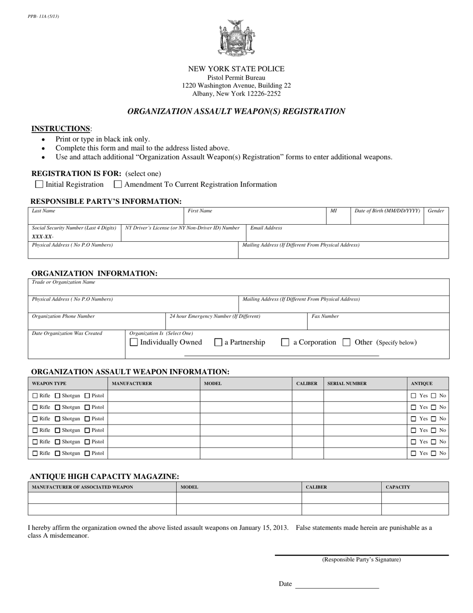Form PPB-11A Organization Assault Weapon(S) Registration - New York, Page 1