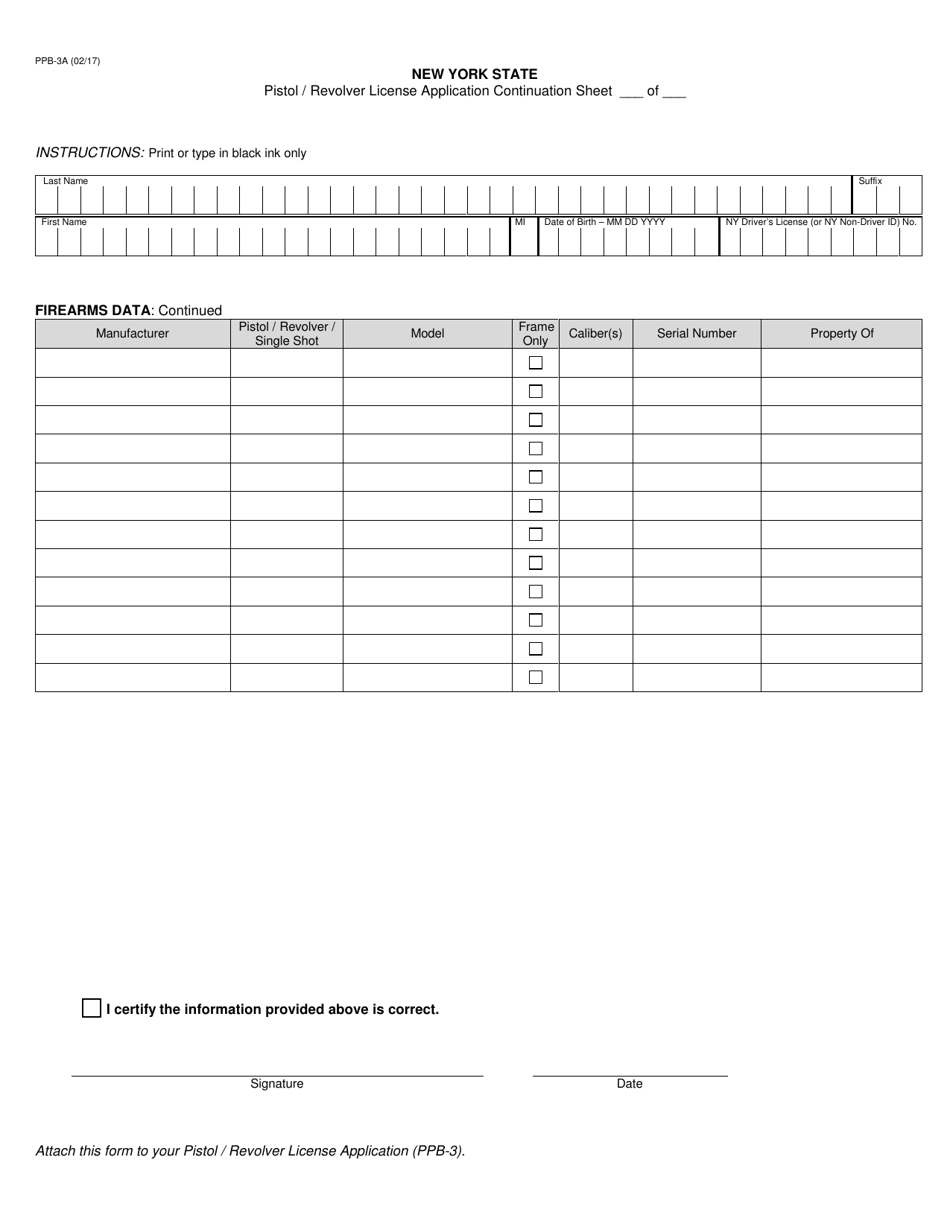 Form PPB-3A Pistol / Revolver License Application Continuation Sheet - New York, Page 1