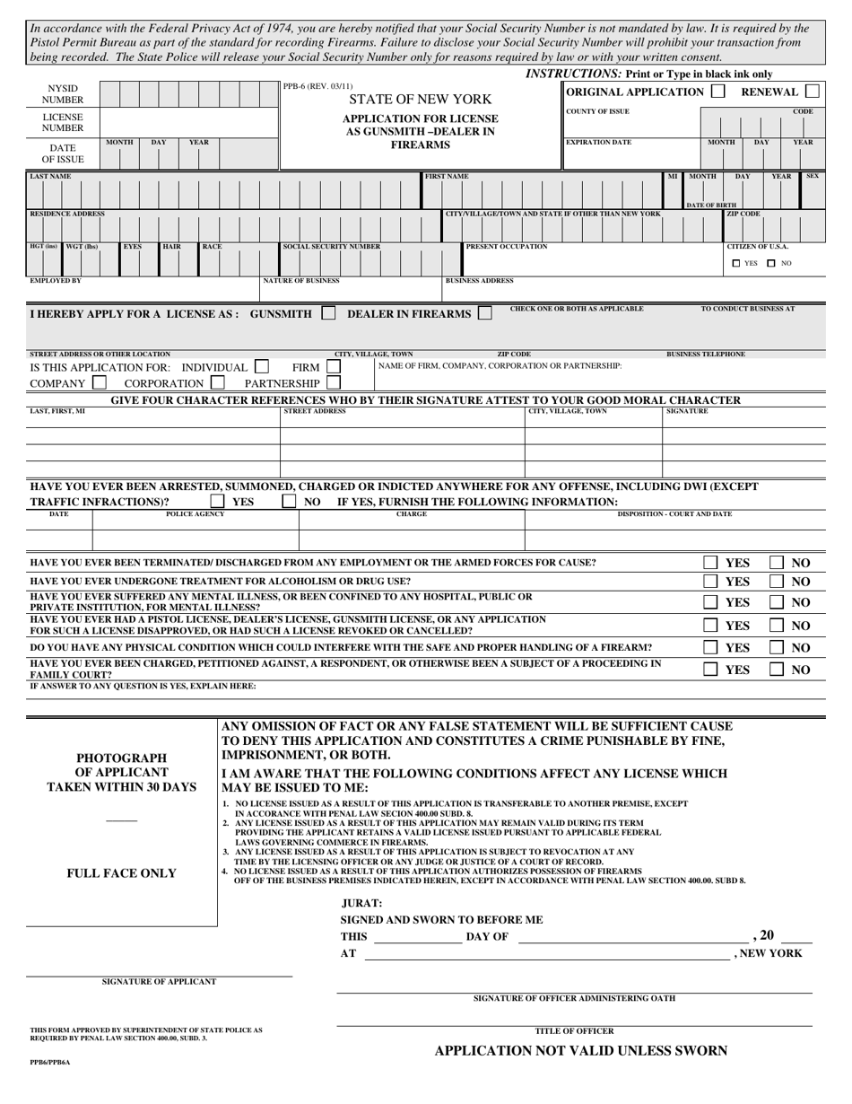 Form PPB-6 Application for License as Gunsmith - Dealer in Firearms - New York, Page 1