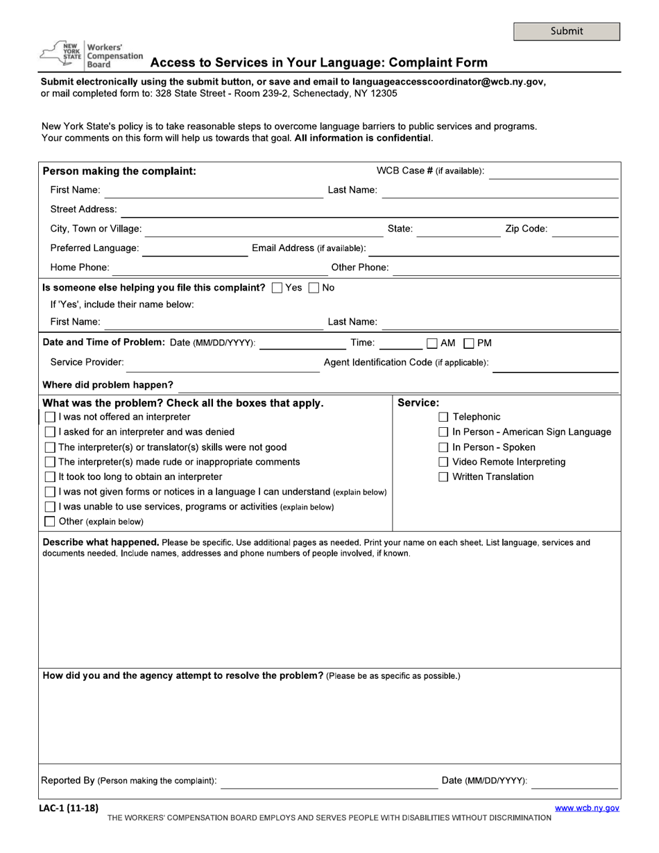 Form LAC-1 Access to Services in Your Language: Complaint Form - New York, Page 1