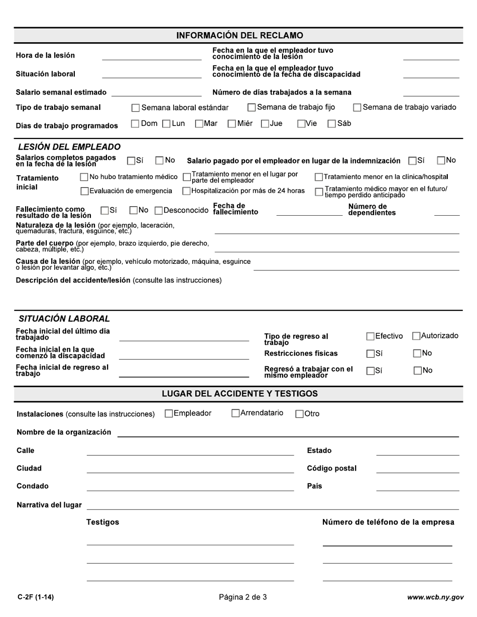 Formulario C-2F Primer Informe Del Empleador Sobre Una Enfermedad / Lesion Relacionada Con El Trabajo - New York (Spanish), Page 2