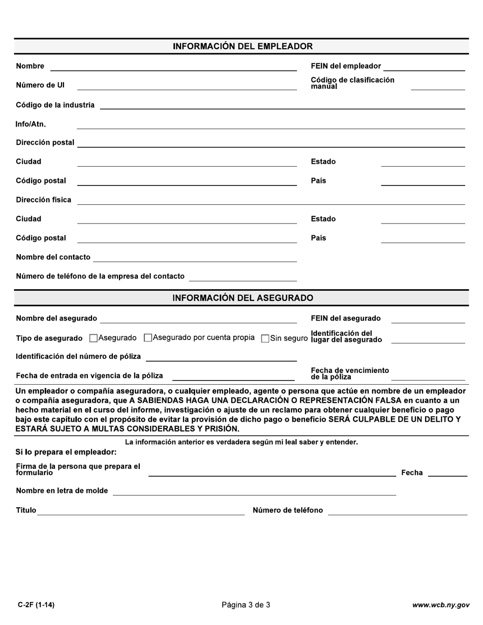 Formulario C-2F Primer Informe Del Empleador Sobre Una Enfermedad / Lesion Relacionada Con El Trabajo - New York (Spanish), Page 3