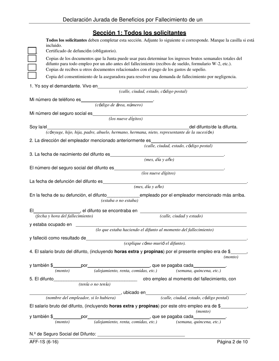 Formulario AFF-1S Declaracion Jurada Para La Indemnizacion Por Fallecimiento - New York (Spanish), Page 3