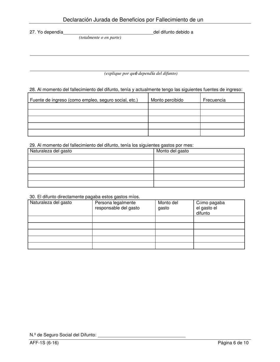 Formulario AFF-1S Declaracion Jurada Para La Indemnizacion Por Fallecimiento - New York (Spanish), Page 7