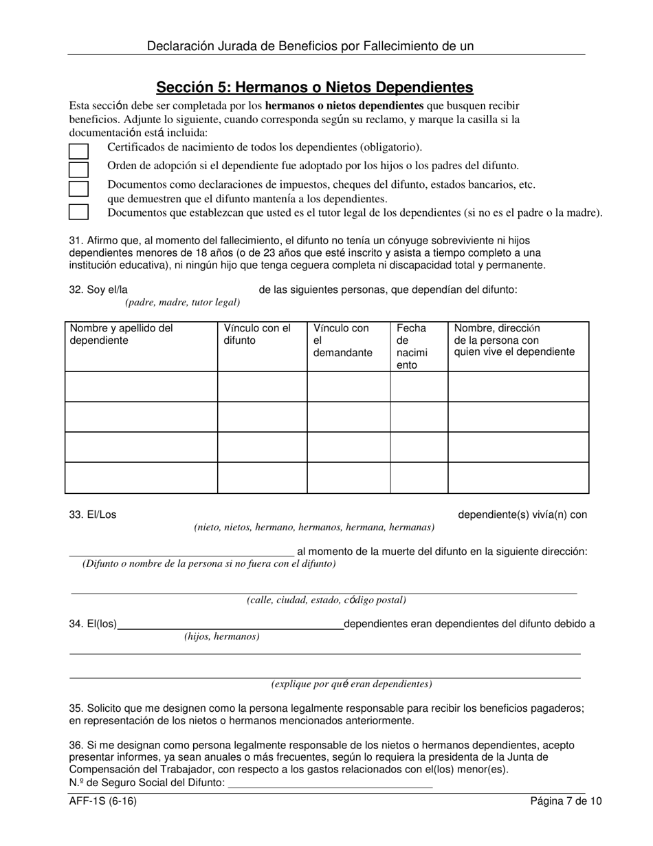 Formulario AFF-1S Declaracion Jurada Para La Indemnizacion Por Fallecimiento - New York (Spanish), Page 8
