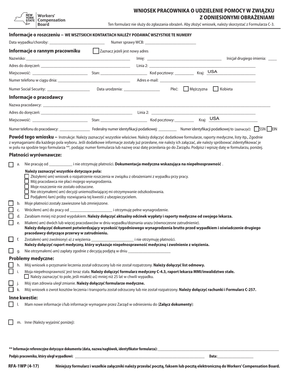 Form RFA-1WP Request for Assistance by Injured Worker - New York (Polish), Page 1