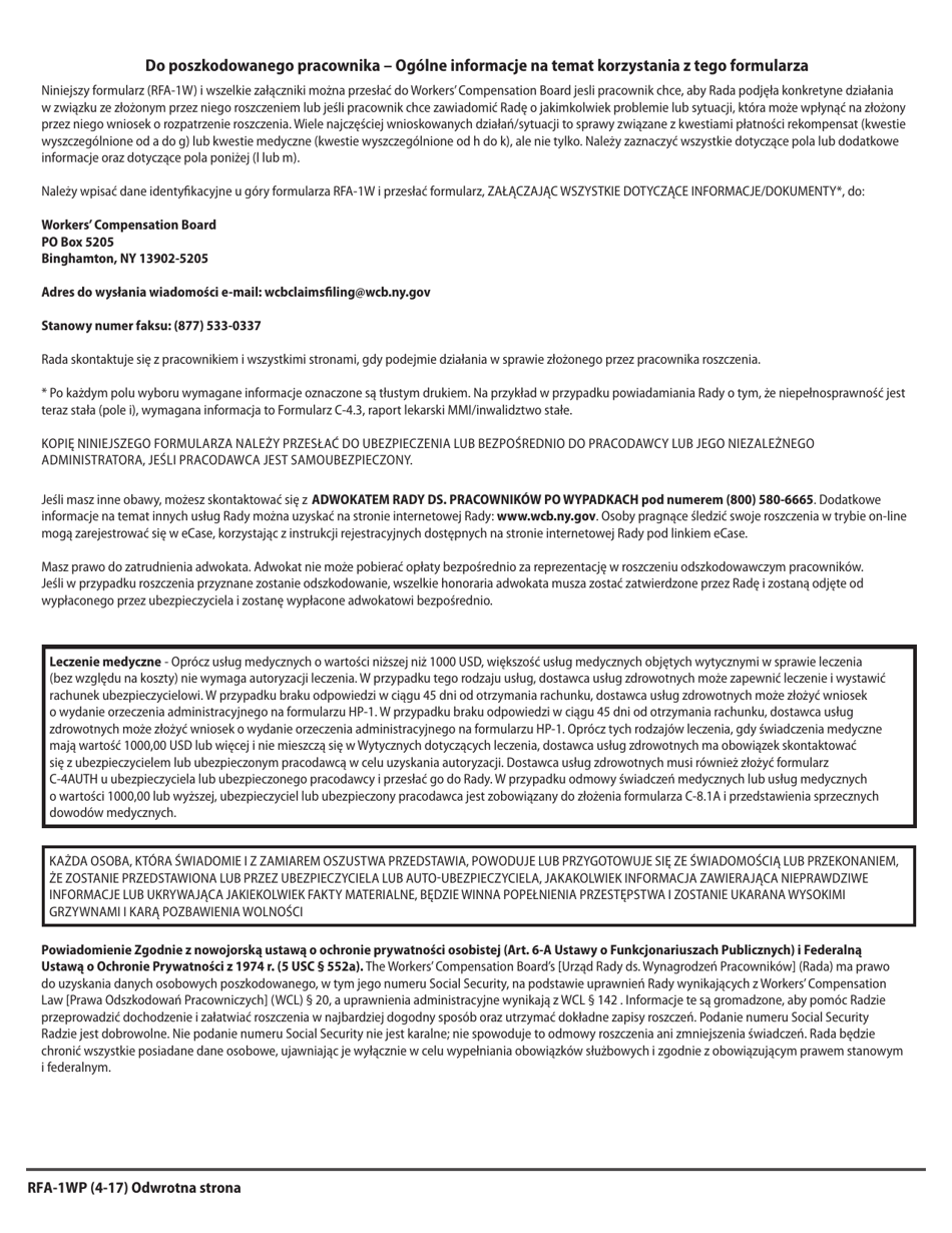 Form RFA-1WP Request for Assistance by Injured Worker - New York (Polish), Page 2