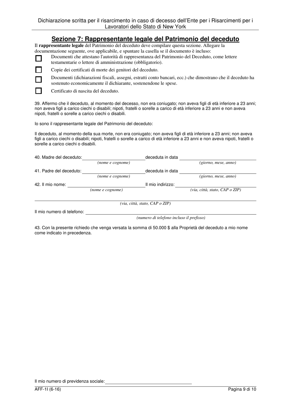 Form AFF-1I Affidavit for Death Benefits - New York (Italian), Page 10