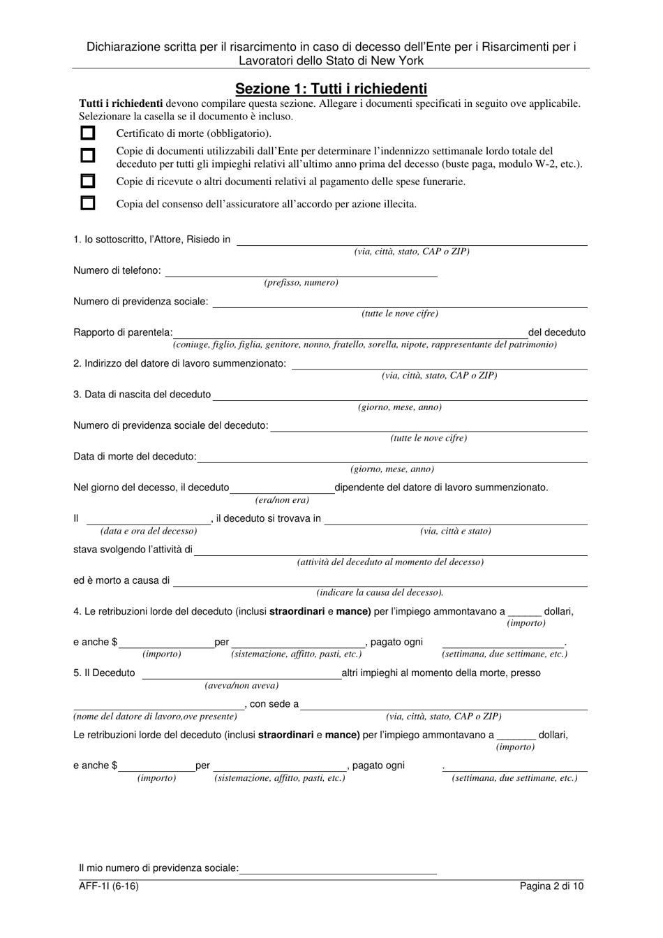 Form AFF-1I Affidavit for Death Benefits - New York (Italian), Page 3
