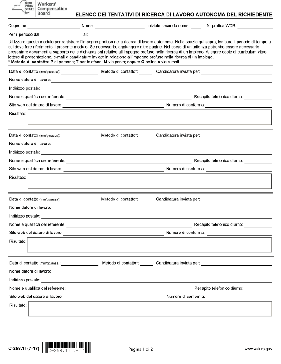 Form C-258.1I Claimants Record of Independent Job Search Efforts - New York (Italian), Page 1
