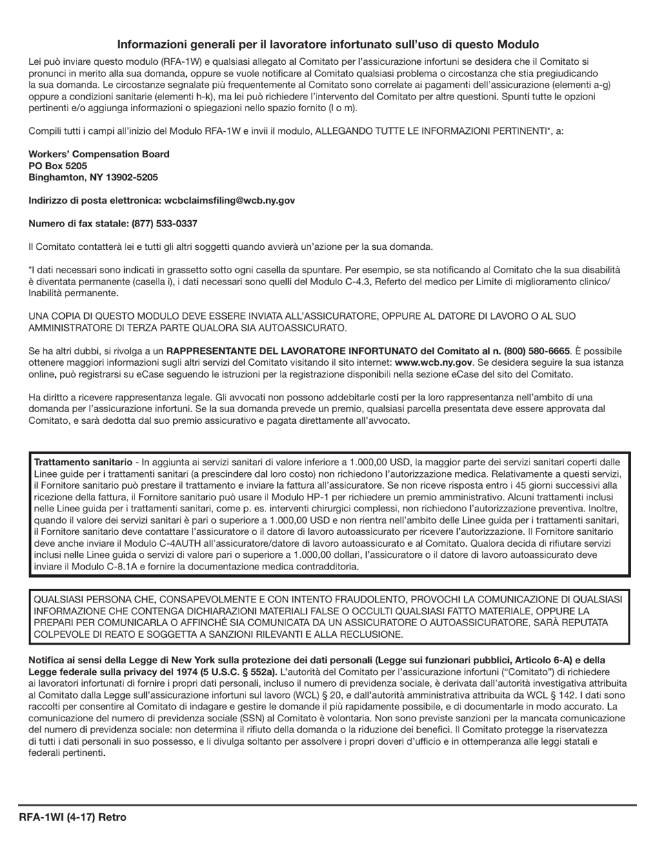 Form RFA-1WI Request for Assistance by Injured Worker - New York (Italian), Page 2