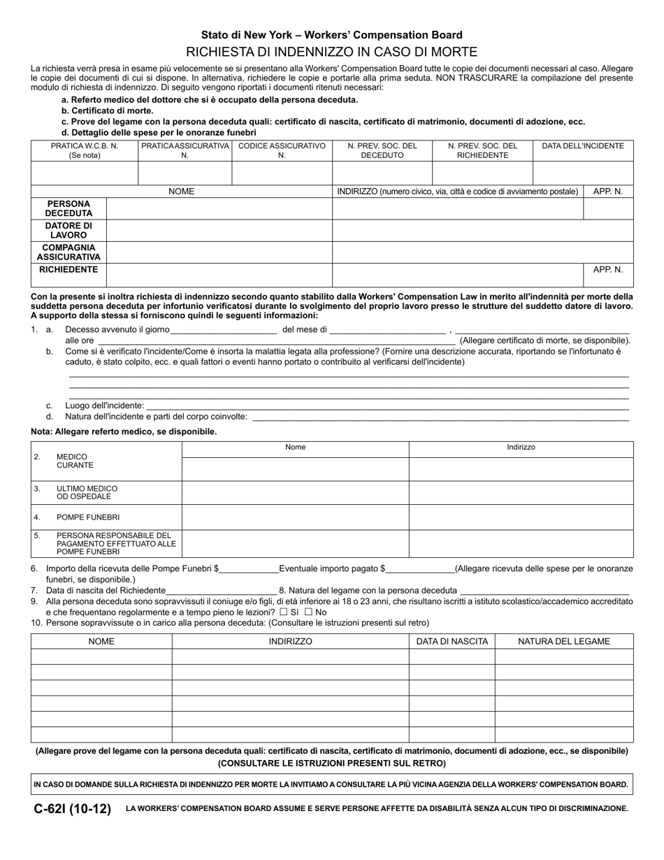 Form C-62I Claim for Compensation in Death Case - New York (Italian), Page 1