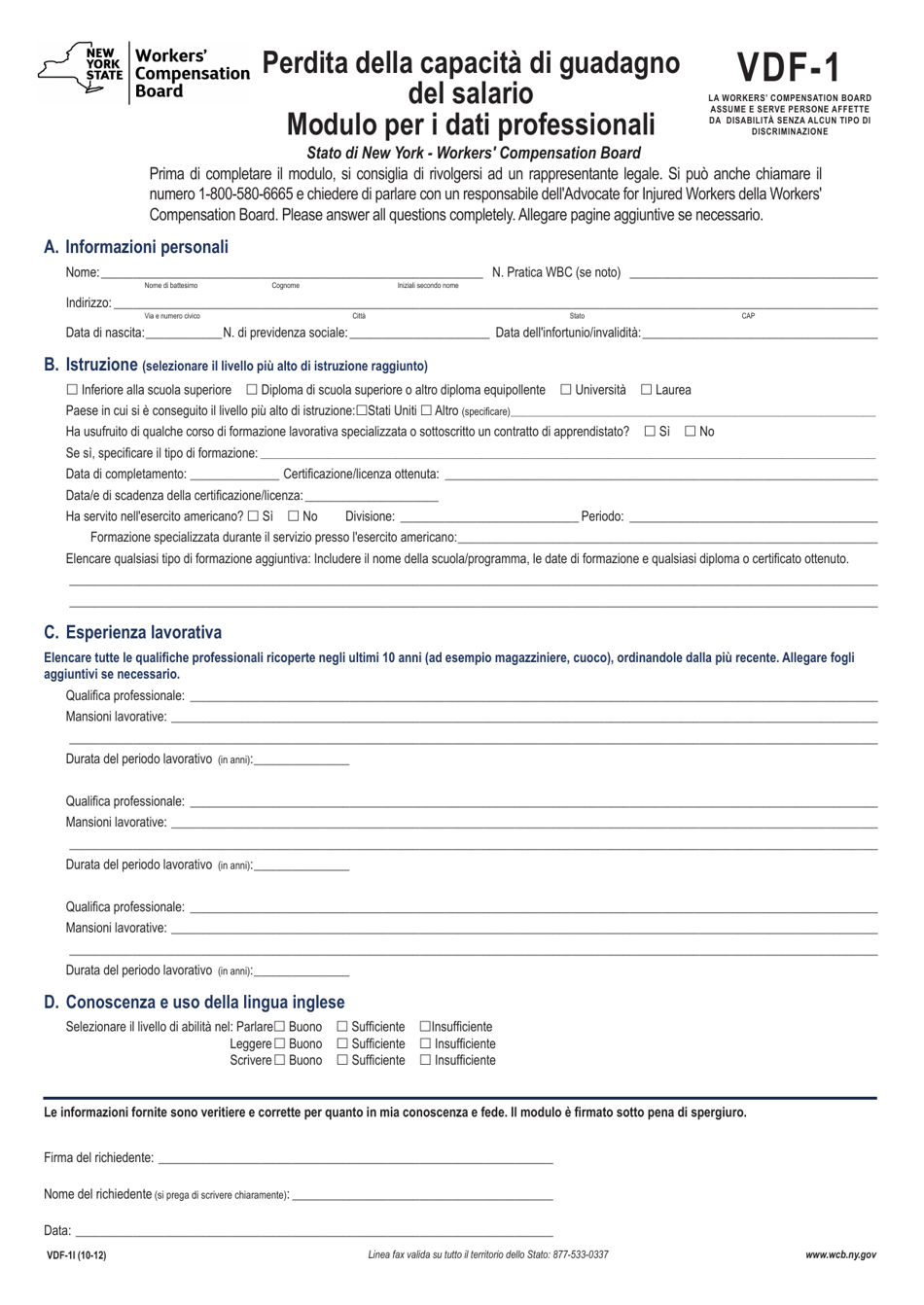 Form VDF-1I Loss of Wage Earning Capacity Vocational Data Form - New York (Italian), Page 1