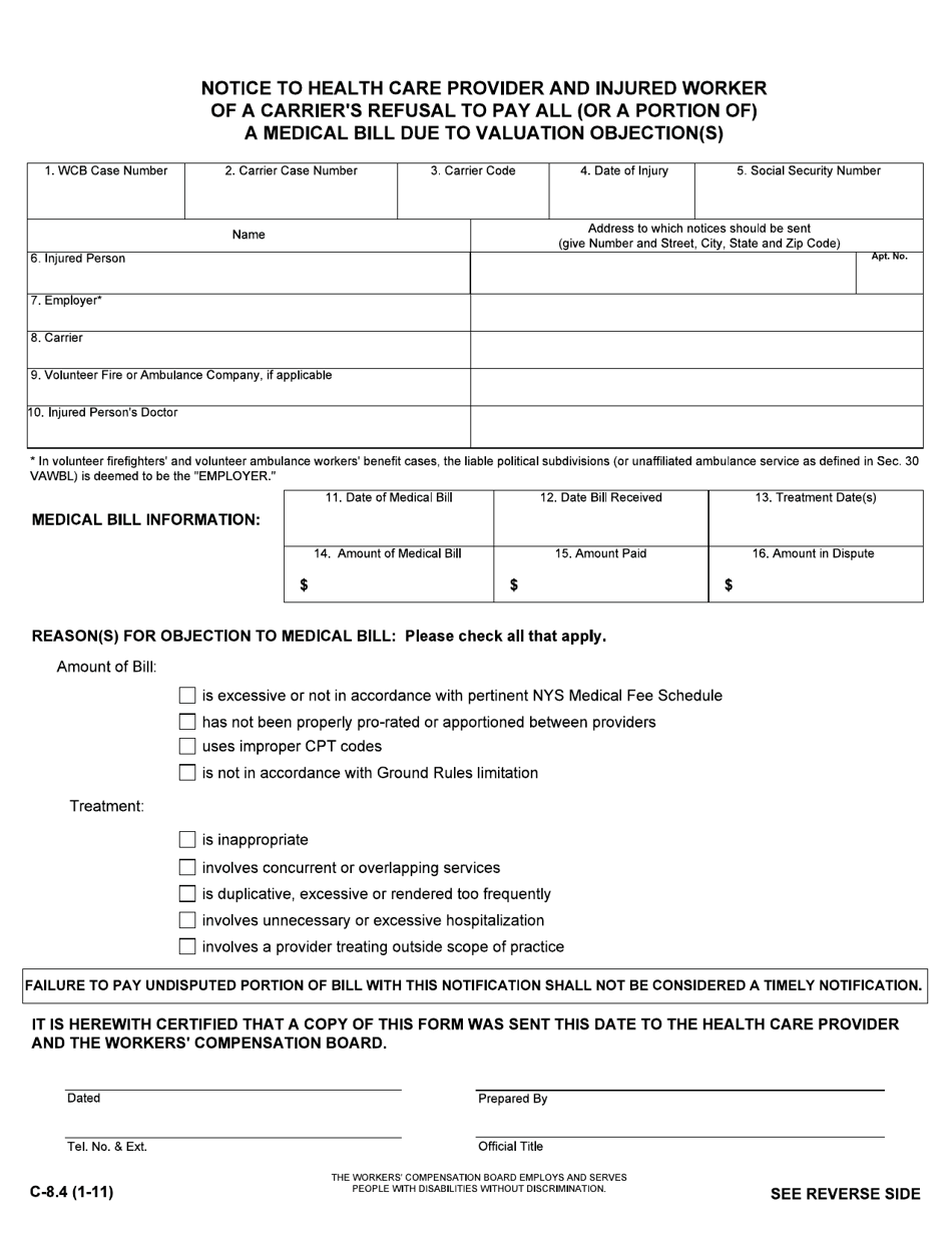 Form C-8.4 Notice to Health Care Provider and Injured Worker of a Carriers Refusal to Pay All (Or a Portion of) a Medical Bill Due to Valuation Objection(S) - New York, Page 1