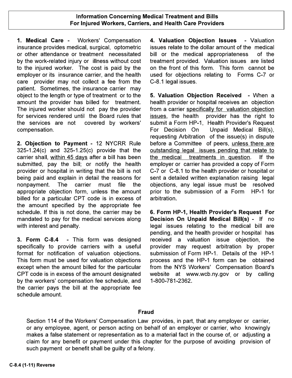 Form C-8.4 Notice to Health Care Provider and Injured Worker of a Carriers Refusal to Pay All (Or a Portion of) a Medical Bill Due to Valuation Objection(S) - New York, Page 2