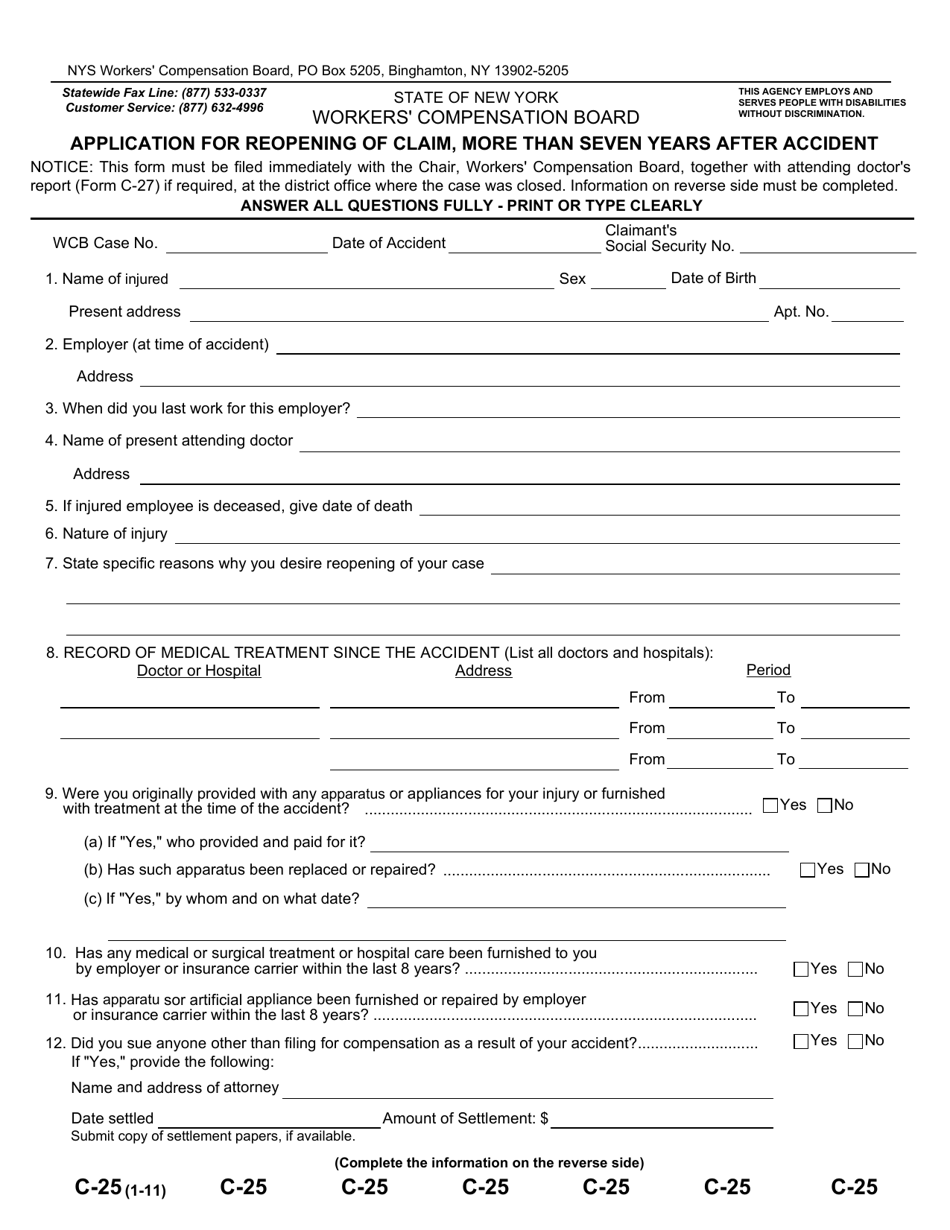 Form C-25 Application for Reopening of Claim, More Than Seven Years After Accident - New York, Page 1