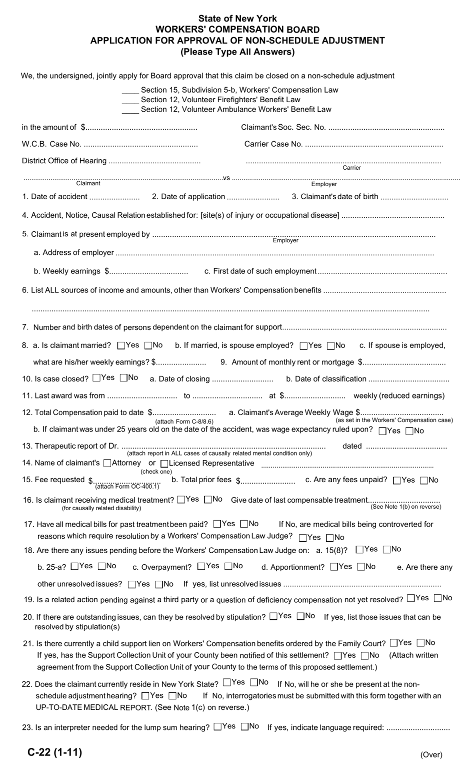 Form C-22 Application for Approval of Non-schedule Adjustment - New York, Page 1