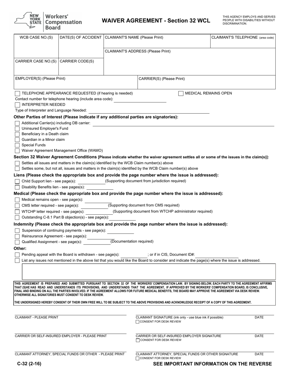 Form C-32 Waiver Agreement - Section 32 Wcl - New York, Page 1