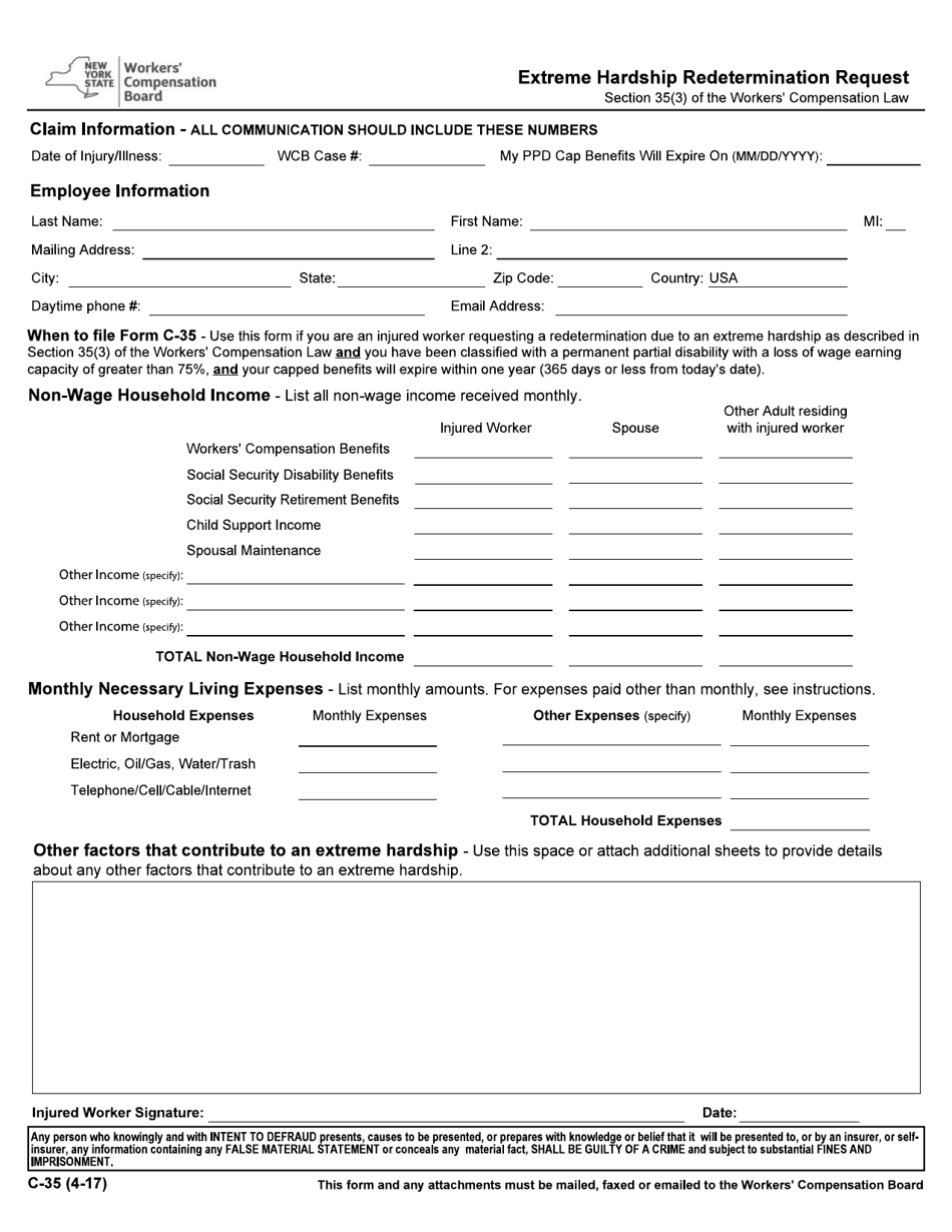 Form C-35 Extreme Hardship Redetermination Request - New York, Page 1