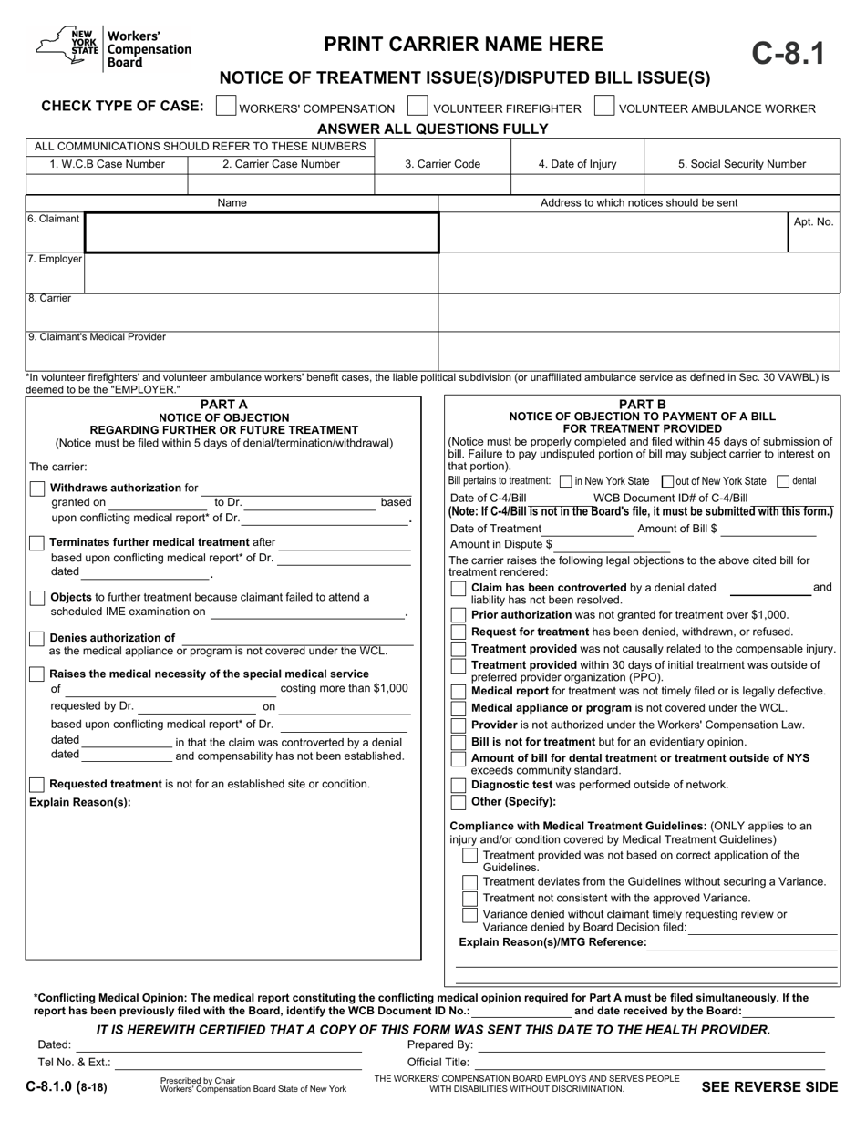Form C-8.1 Notice of Treatment Issue(S) / Disputed Bill Issue(S) - New York, Page 1