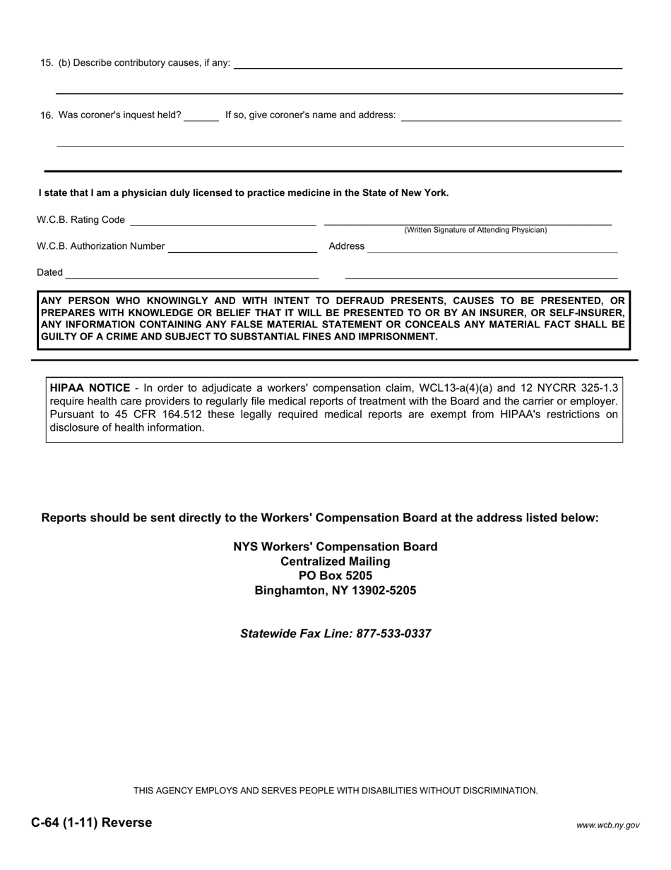 Form C-64 Proof of Death by Physician Last in Attendance on Deceased - New York, Page 2